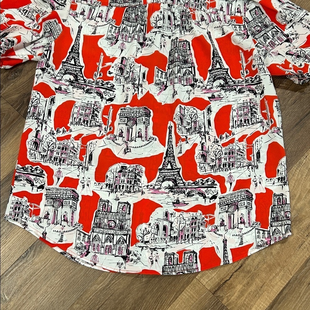 Karl Lagerfeld Women's Printed Bungee-Sleeve Short Shirt size L button Up - Picture 12 of 14
